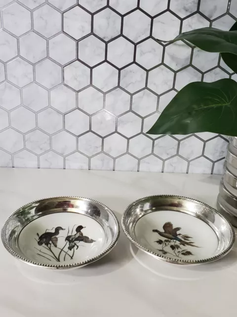 Vintage Frank Whiting Pheasant & Green Wing Teal Painted China & Silver Coasters