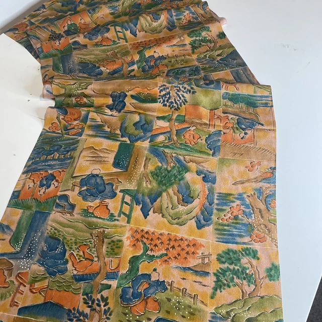 Vintage Japanese Kimono Silk Fabric, Steel Beige Village Long Panel 167cm