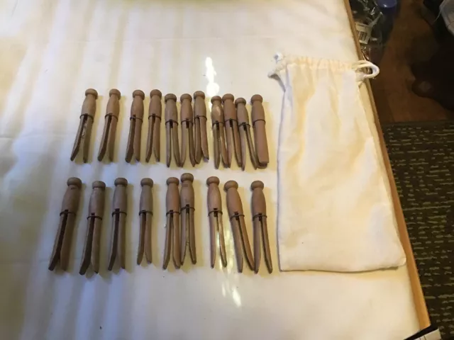 Vintage Clothes Pin Lot 20 Round Head wooden pins With Wire Band Bag wood