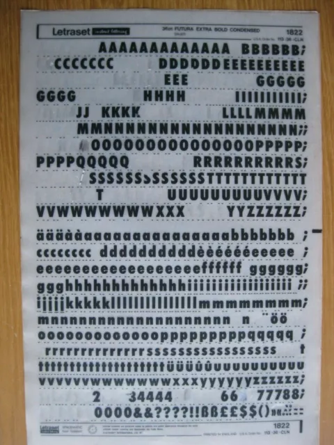 .1 x Letraset Upp/Low/Num FUTURA EXTRA BOLD CON  36pt 9.3mm Sheet 1822   a(kg)