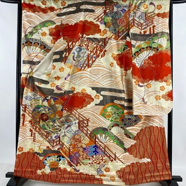 JAPANESE KIMONO FURISODE LONG SLEEVES LADIES WOVEN SILK 100% EMBROIDERY 163cm