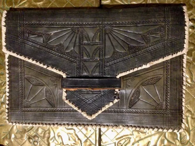 Antique Art Deco Moroccan Leather Wallet  Clutch Arab  Tribal Berber African