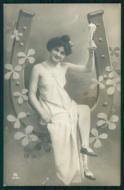 Toasting Lady New Year Four Leaf Clover Luck serie 2288 RPPC postcard TC3053