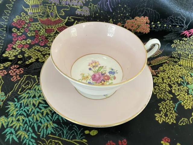 Rosina Bone China Tea Cup Saucer Pink Band With Floral Centered