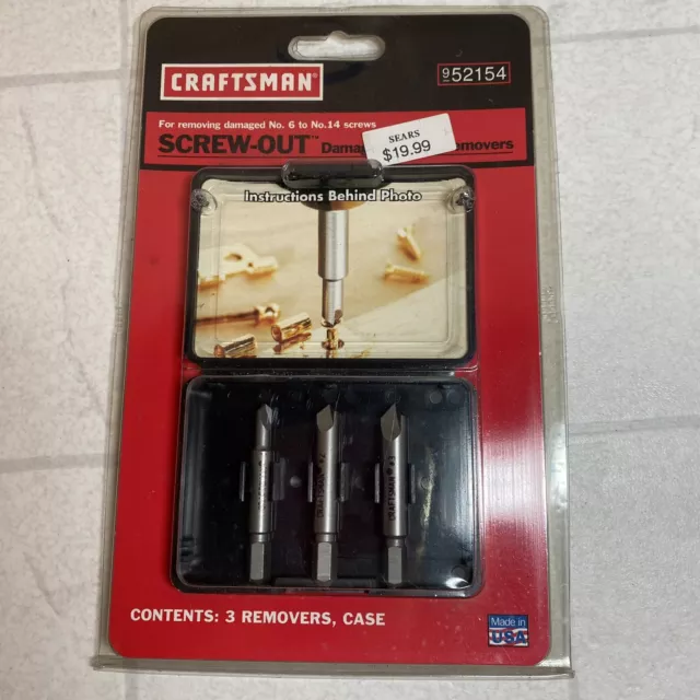 Craftsman 3 Piece Screw-Out Damaged Screw Removers #6-#14 (52154) With Case USA