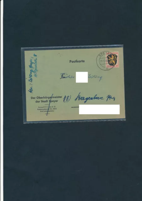 Karl Leiling Oberbürgermeister von Speyer pers. Postkarte an eine Schwester 1946