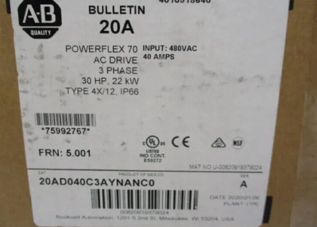 New Allen Bradley 20AD040C3AYNANC0  PowerFlex 70 AC Drive