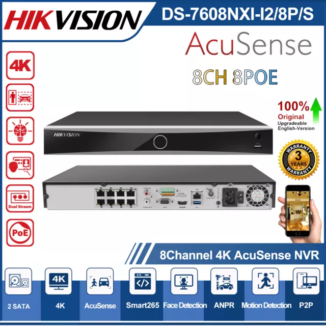 Hikvision AcuSense 12MP 8CH POE 4K NVR DS-7608NXI-I2/8P/S Gesichtserkennung ANPR