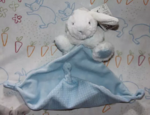 DOUDOU TEX BABY LAPIN BLANC MOUCHOIR BLEU POIS  NEUF avec ETIQUETTE