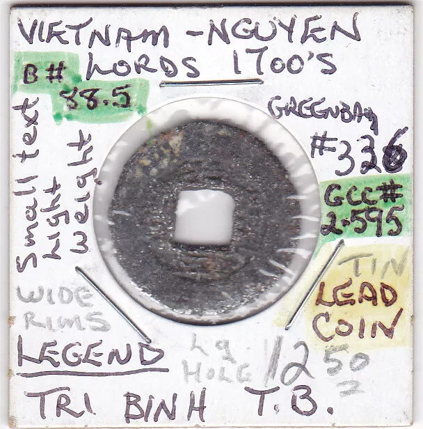 Vietnam ZINC coin. Legend: TRI BINH THONG BAO rev. crescent + dot  ca.1700's AD