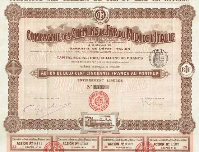 ITALY RAILWAY COMPANY stock certificate 1905 MIDI DE I'TALIE