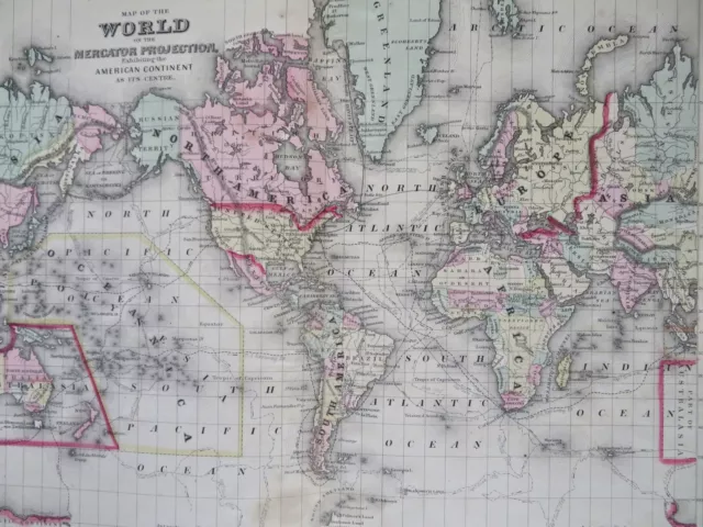 World Map Mercator's Projection Americas Australia Europe Asia 1860 Mitchell map