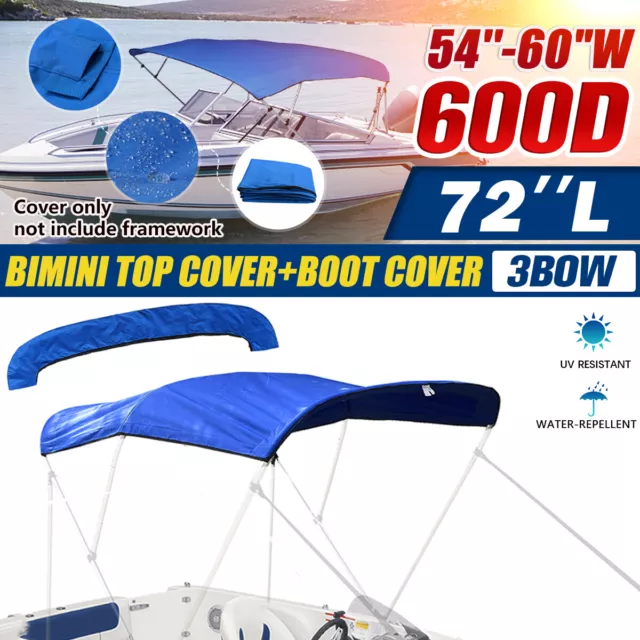 Bimini Top Boat Cover Fabric Replacement Blue with Boot Fits 3 Bow 54"-60"W