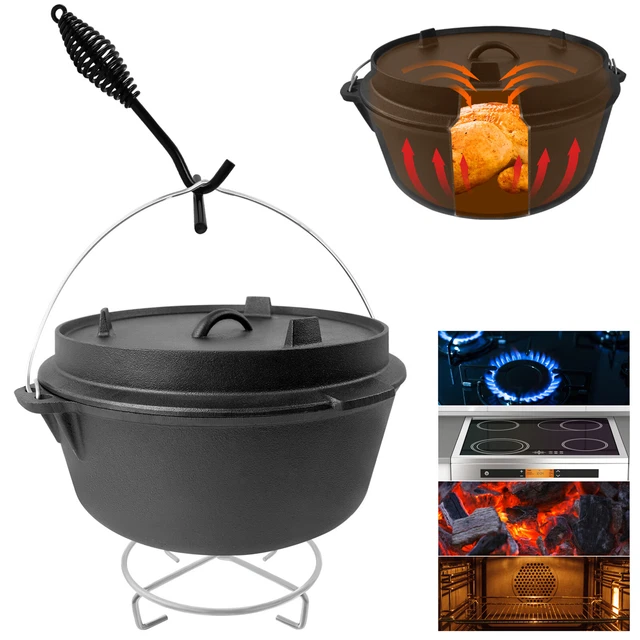 9L Dutch Oven Deckelheber BBQ Gusseisen mit Füßen Feuertopf Gusstopf Schmortopf