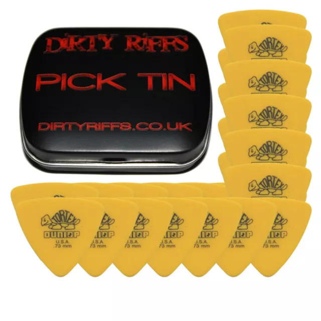 24 x Dunlop Tortex Triangle Guitar Picks - 0.73mm Yellow In A Pick Tin