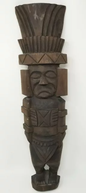 Central American Headdress Figure Dark Wood Plaque Vintage Hand Carved