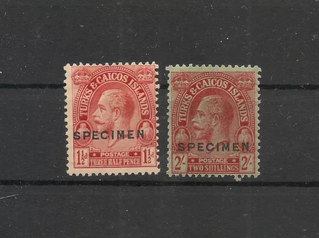 Turks and Caicos 1922 KGV 1½d & 2/- SPECIMEN Pair Fine Mint Hinged 2