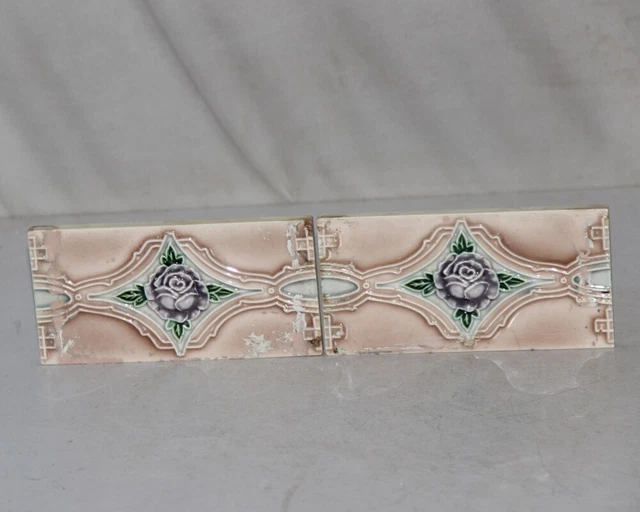 2 Pc Vintage Flower & Star Embossed Art Nouveau Architecture Tiles, Japan 10729