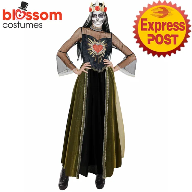 TM351 Womens Day Of The Dead Long Dress Costume Skull Mexican Skeleton Senorita