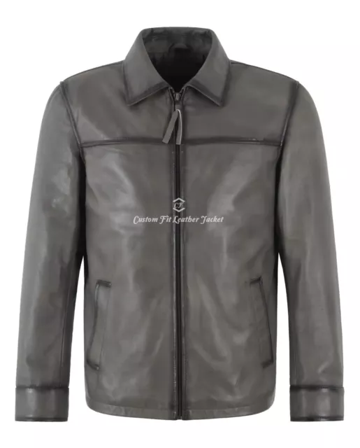 Men's Classic Collar Style Charcoal Grey Washed Casual Lambskin Leather Jacket