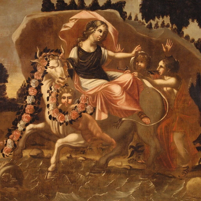 Cuadro antiguo Violacion de Europa pintura mitologica oleo sobre lienzo 600
