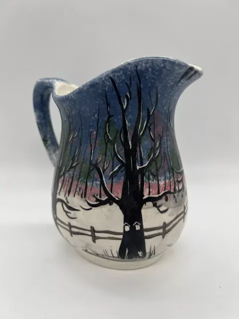 Hermitage Ceramics Pitcher Hand Painted Signed VBY Winter Barn Trees Sponge Ware 2