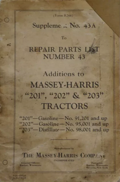 1920s VINTAGE MASSEY-HARRIS TRACTOR MODEL 201 202 203 REPAIR PARTS LIST 43 BOOK