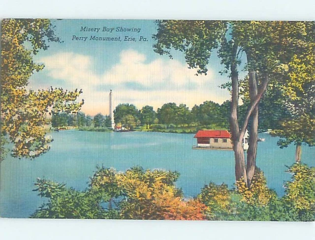 Unused Linen MONUMENT AT MISERY BAY Erie Pennsylvania PA F2224