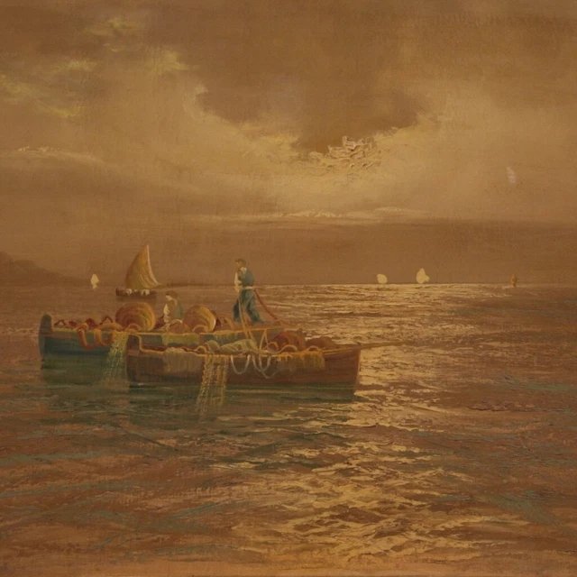 Marina pintura firmada paisaje cuadro barcos pescadores óleo lienzo siglo XX