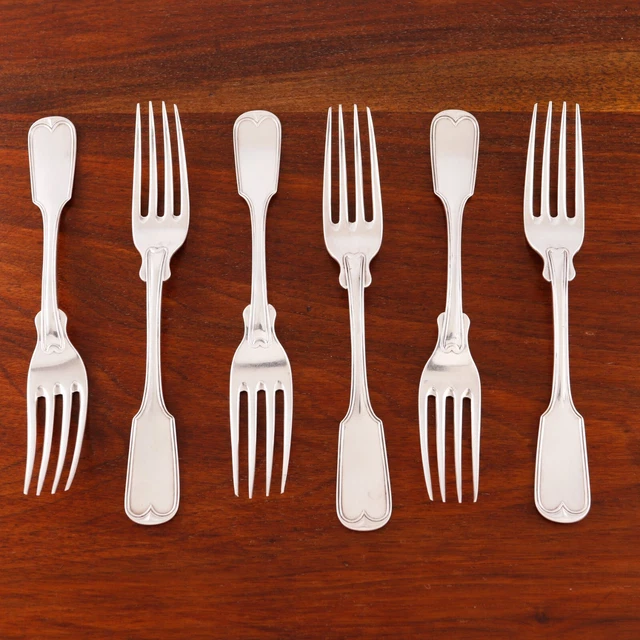 6 Rare Thomas Whartenby Philadelphia Coin Silver Dessert Forks French Thread
