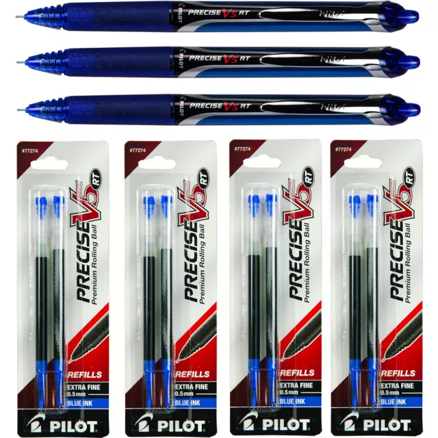Pilot Precise V5 RT, 3 Pens With 4 Packs of Refills, Blue Ink, 0.5mm X-Fine