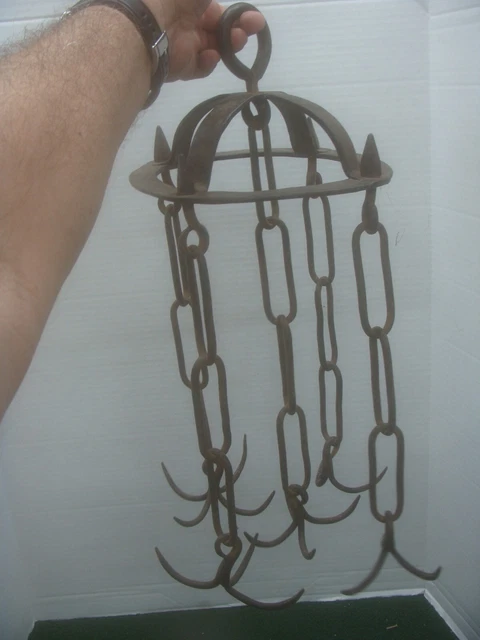 ANTIQUE PRIMITIVE HAND FORGED MEAT HOOKS HANGER wrought Iron Butcher Smokehouse