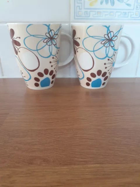 Fine Bone China Bue and Brown Floral Mugs x 2 by Roy Kirkham