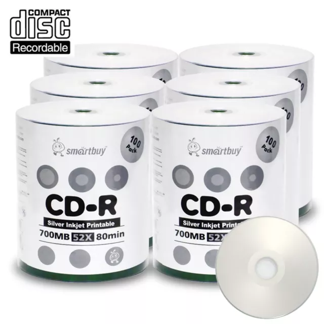 600 SmartBuy CD-R CDR 52X 700MB/80Min Silver Inkjet Hub Printable Record Disc