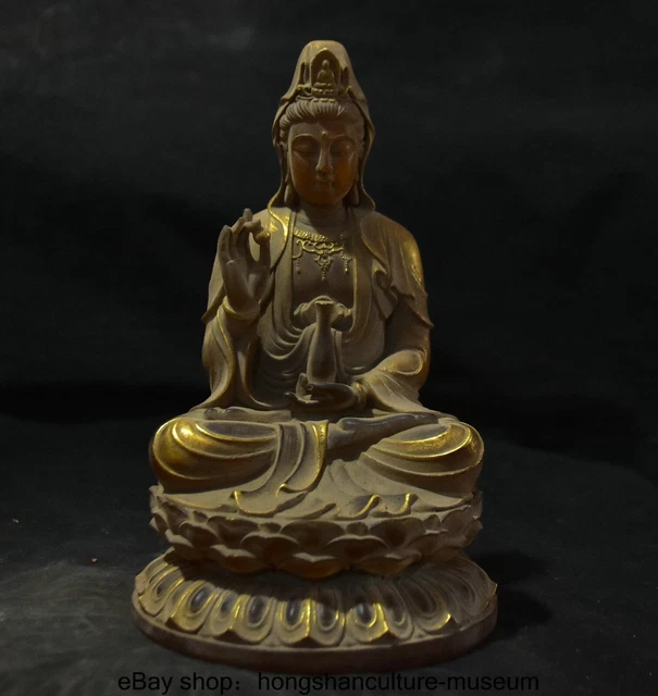 8.8 " Old China Buddhism Bronze Gilt Seat Kwan-yin GuanYin Buddha Bottle Statue