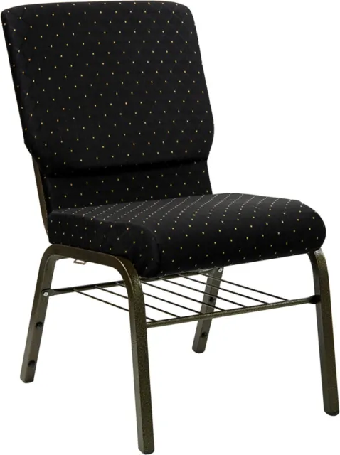 10 PACK 18.5'' Wide Black Dot Fabric Church Chair with Book Rack & Gold Frame