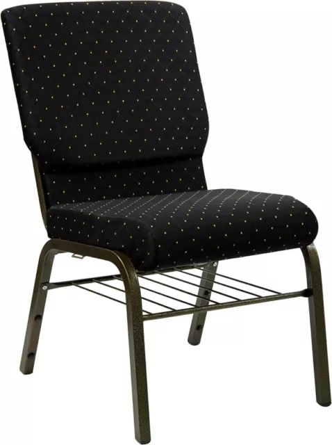 10 PACK 18.5'' Wide Black Dot Fabric Church Chair with Book Rack & Gold Frame