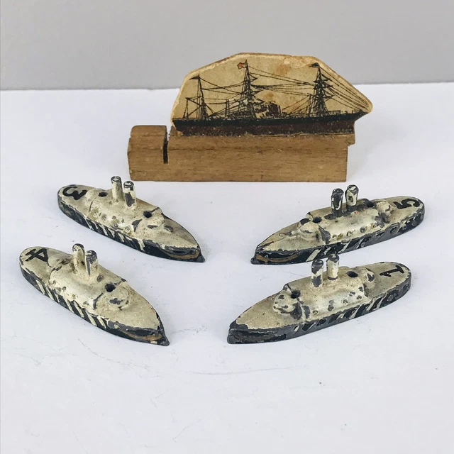 Lead Battleships x4 cold painted play worn numbered board game pieces + 1x other