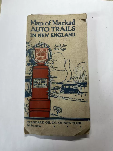 1922 Map of Marked Auto Trails in New England SOCONY Standrad Oil Co of New York