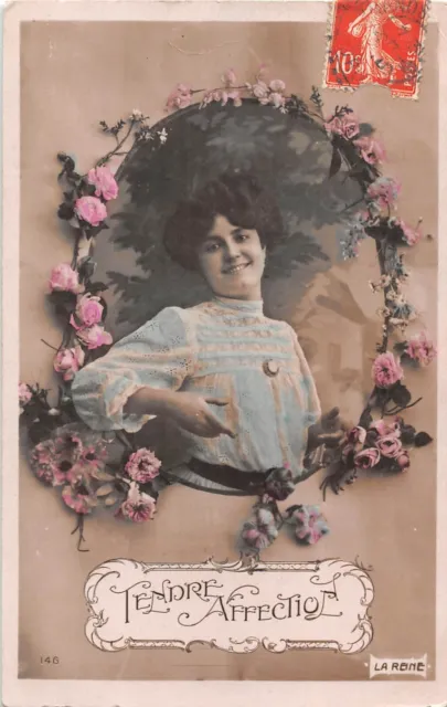 1910 Tinted French Real Photo Postcard-Lovely Lady in Oval Frame With Pink Roses