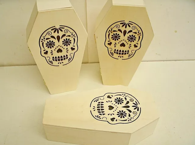 Lot of (3) 7" UNFINISHED wood COFFIN ~LASER CUT  Day of Dead Sugar Skull