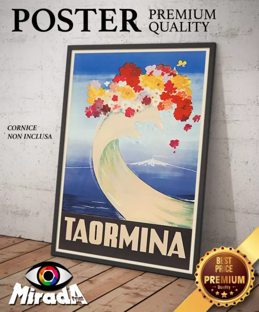 Affiche Vintage Taormina Art Vacances Sicile Etna Mer Premium Top Qualité