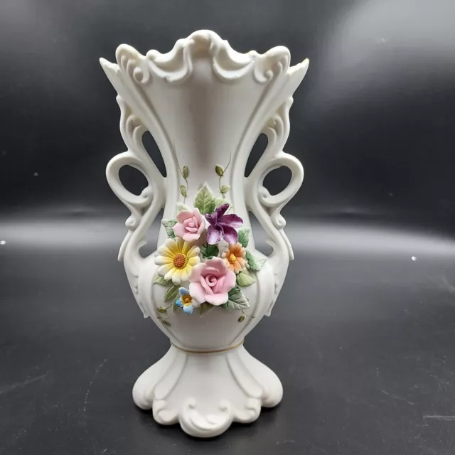 Vintage Lefton 3D Wild Flower Double Handled Vase Floral Garden Porcelain 7"