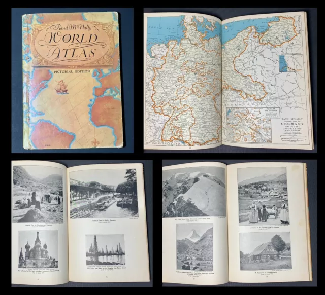 1934 Rand McNally WORLD ATLAS PICTORIAL EDITION Hardback PHOTOS Maps VINTAGE