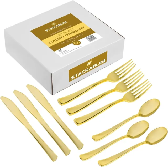 Juego de cubiertos de plástico dorado - paquete de fiesta 120 (40 cucharas, 40 tenedores, 40 cuchillos)