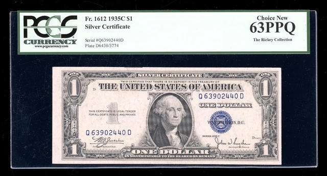 DBR 1935-C $1 Silver Fr. 1612 QD Block PCGS 63 PPQ Serial Q63902440D