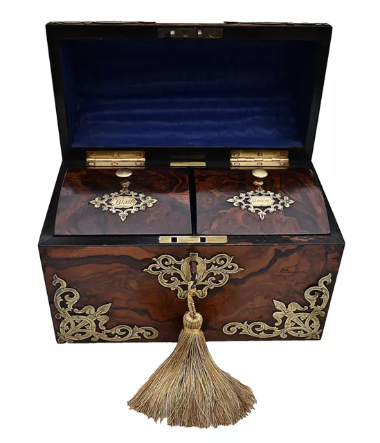 A Victorian Figured walut & Gilt brass Tea Caddy with Key, circa 1870