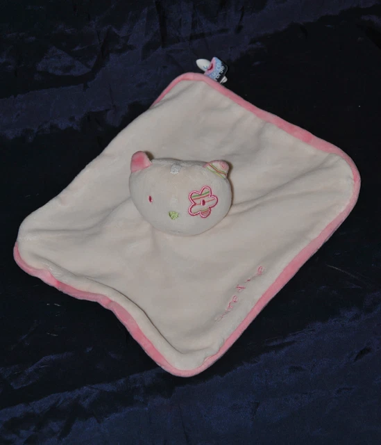 Peluche Doudou Chat Plat SUCRE D'ORGE Blanc Rose Cocard Fleur TTBE