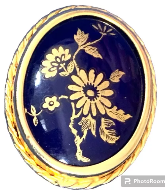 Vintage R Leclair Limoges Porcelain Brooch Pin Cobalt Blue & Gold France Floral