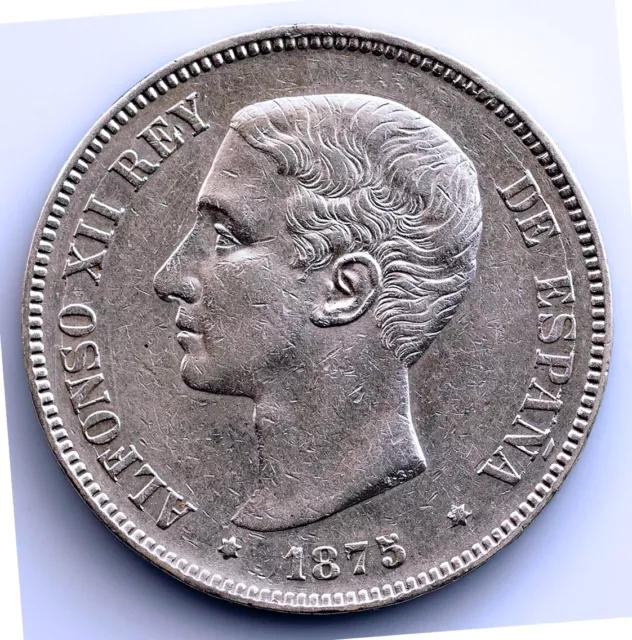 S.C. Spain-Alfonso XII. 5 Pesetas 1875*18-75 DEM. Madrid. Plata 25 g.